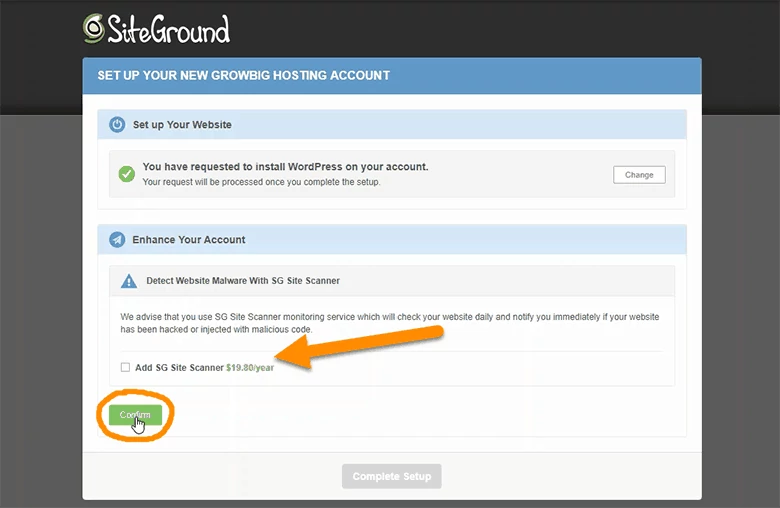 Confirm SiteGround account setup