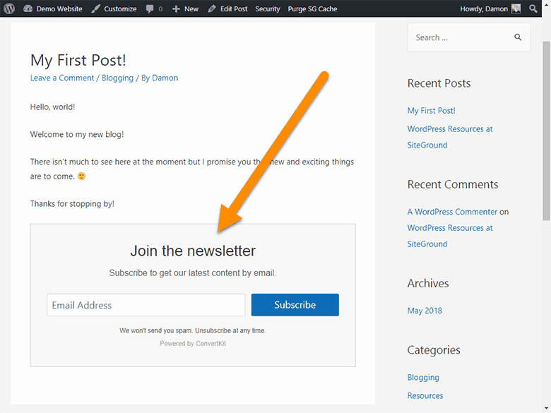Blog post ConvertKit opt-in form