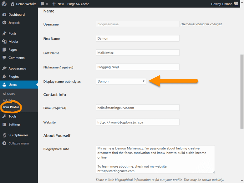 WordPress user profile settings