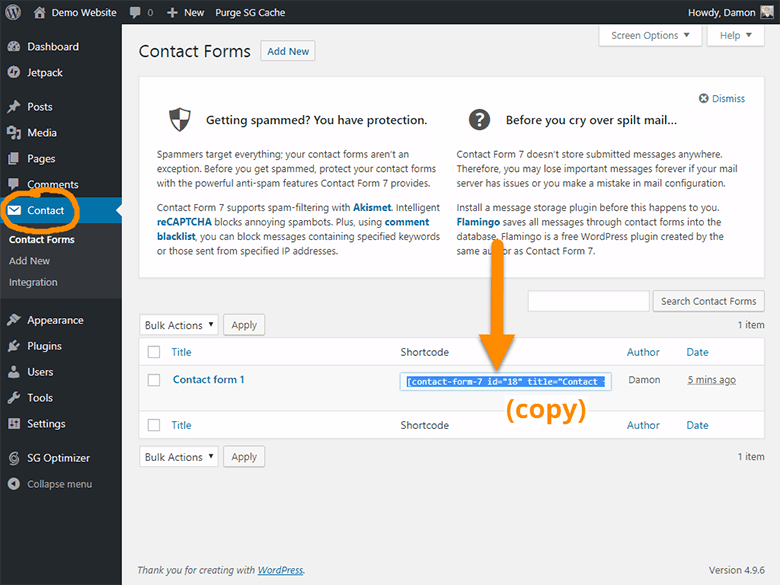 Copy WordPress contact form shortcode